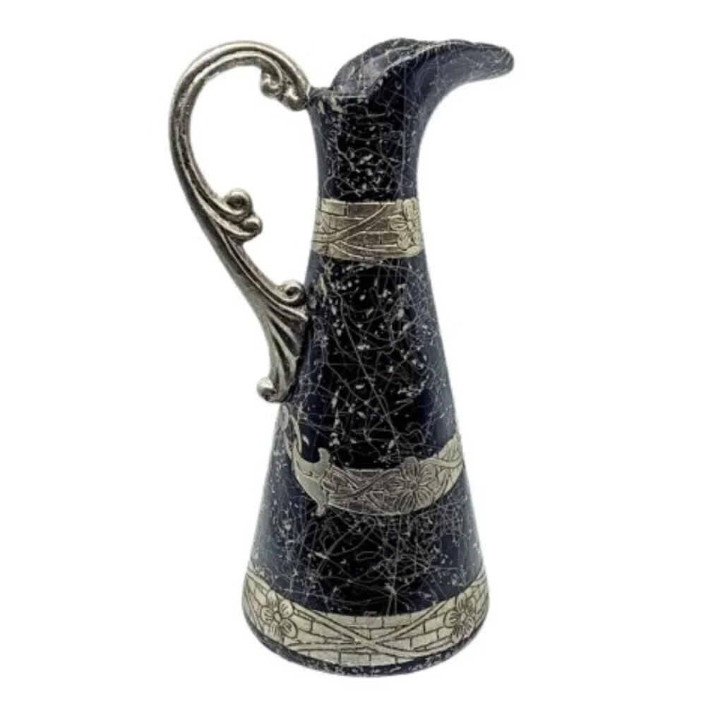 Vintage Black Ceramic Silver Metallic Tall Pitcher Vase - Picture 2 of 10